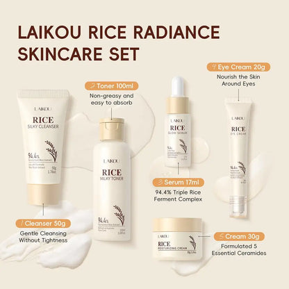 5PCS Rice Extract Skincare Set Moisturizing Facial Care Kit Cleanser Toner Serum Essence Eye Cream for Hydrating Glowing Skin