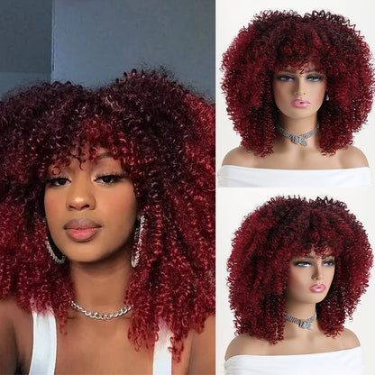 16 Inch Afro Kinky Curly Synthetic Hair Gradient Purple Wigs With Bangs Soft Fluffy Fiber  Wigs For Party Cosplay Daily Use