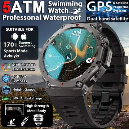 2025 Military Smart Watch for Men Bluetooth Call 5ATM Waterproof Built-in GPS Compass Barometric Altimeter Sports Watches