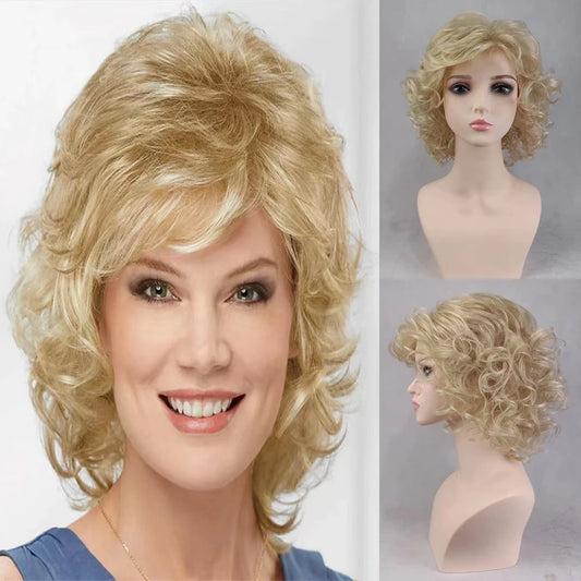 HAIRJOY Women Synthetic Hair Wigs Short Curly with Bangs Shoulder Length Blonde Grey White Brown Wig