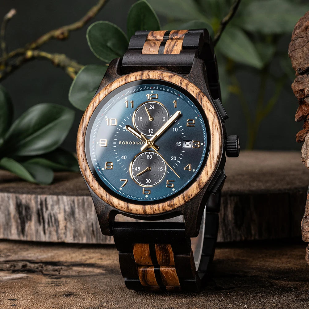 BOBO BIRD Men Watches 44mm Luxury Quartz Watch Lightweight Wooden Case and Straps Watches for Casual Support Customize Gift Box