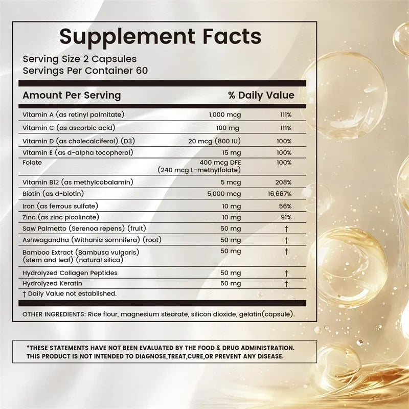 Hair Vitamins - Nourishes The Scalp, Antioxidant Protection, Promotes Natural Hair Growth and Immune Health, Non-GMO