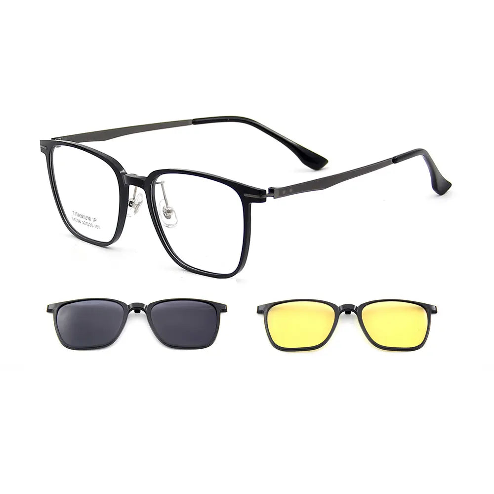 3-in-1 Square Ultralight TR90 Men's Polarized Clip-On Sunglasses & Night Vision Titanium Legs Glasses Frames for Driving 84008