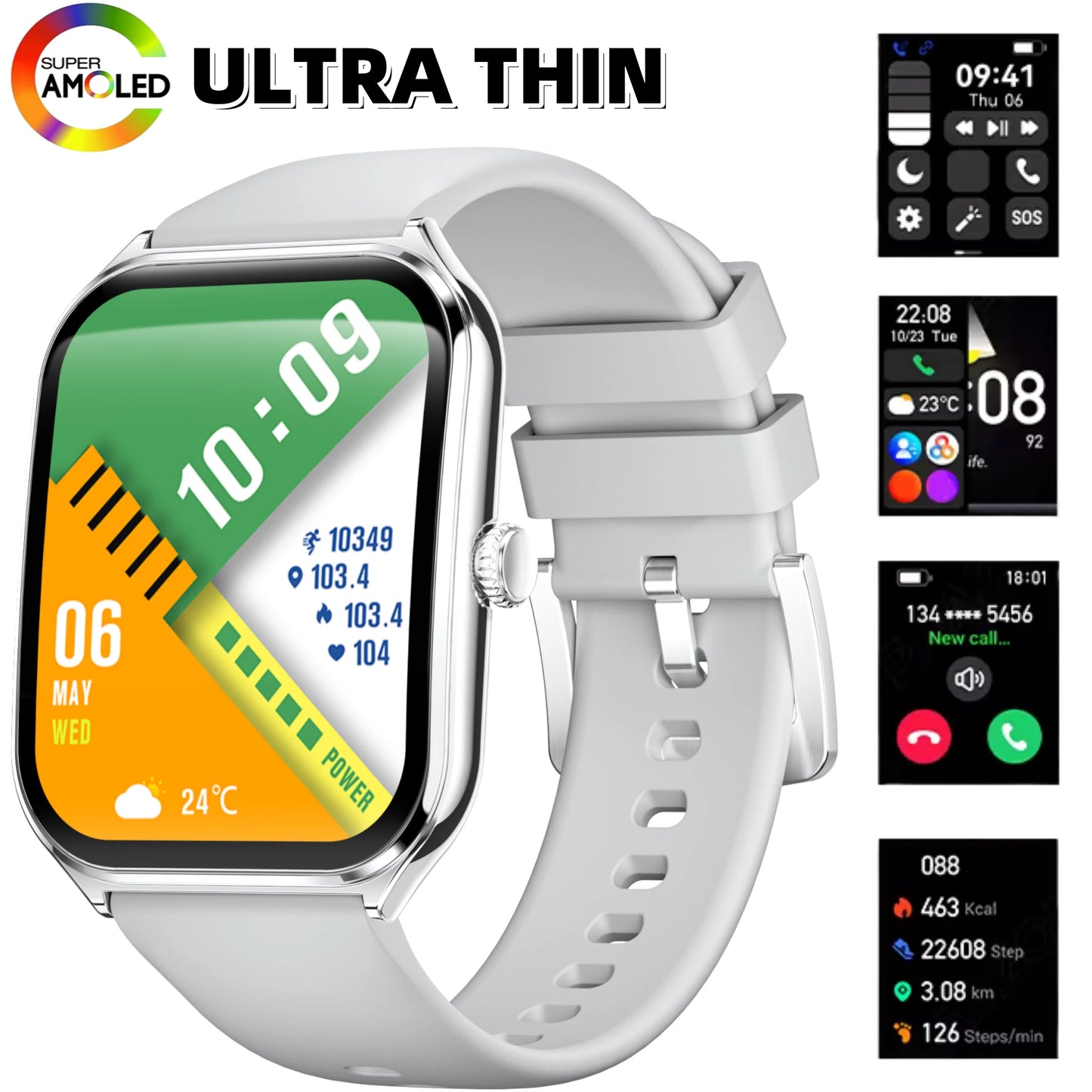 Fashion Ultra-Slim Amoled Smartwatch 1.96inch Curved BT Call Long Battery Life Fitness Watches Men AMOLED Smart Watch for Sport