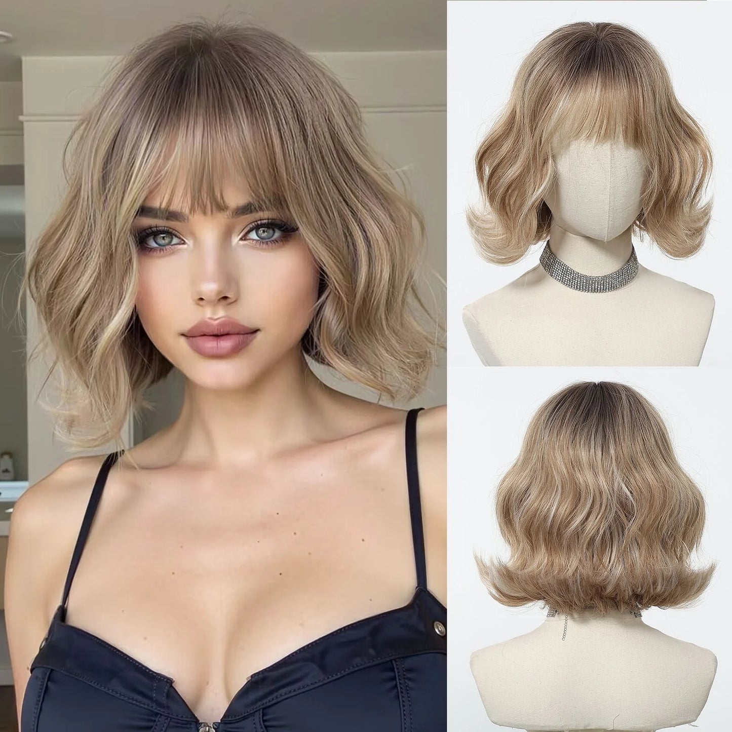 12 Inch Brown Bob Natural Wig Synthetic Cute Hair Short Wavy Curly Wig With Bangs For Women Daily Party Use Heat Resistant Fiber