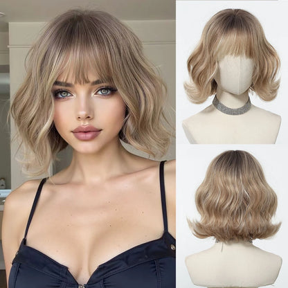 12 Inch Brown Bob Natural Wig Synthetic Cute Hair Short Wavy Curly Wig With Bangs For Women Daily Party Use Heat Resistant Fiber