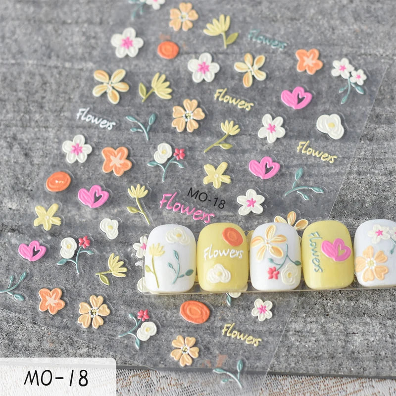 5d Embossed Nail Art Stickers Golden Lines Semi-Transparent Purple Blue Flowers Decals Decorations For Nail Tips Manicures