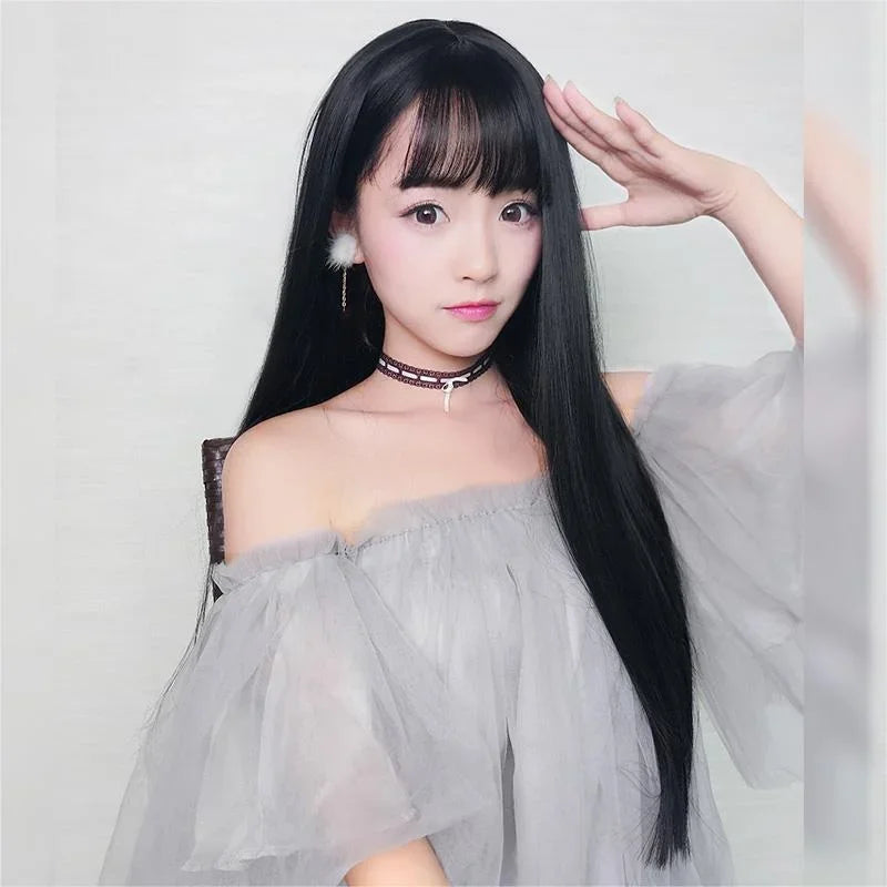 28in Long Black Straight Wig with Air Bangs for Women Heat Resistant Fashion Elegant Synthetic Wig for Cosplay and Daily Party
