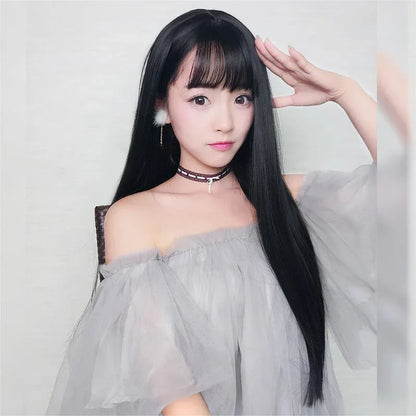 28in Long Black Straight Wig with Air Bangs for Women Heat Resistant Fashion Elegant Synthetic Wig for Cosplay and Daily Party