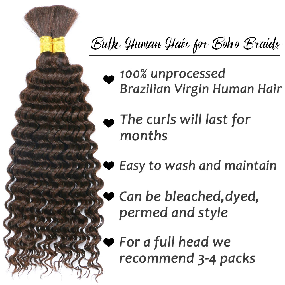 Chocolate Brown Braiding Hair for Boho Braids Human Hair Braiding Hair 2 Bundles/Pack 100g 18 Inch Deep Wave Boho Hair Braiding