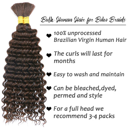 Chocolate Brown Braiding Hair for Boho Braids Human Hair Braiding Hair 2 Bundles/Pack 100g 18 Inch Deep Wave Boho Hair Braiding