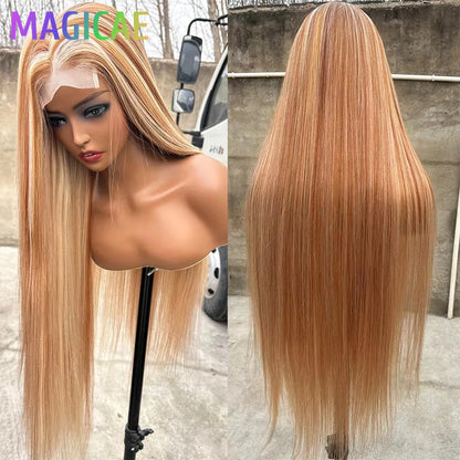 Straight 4X4 Lace Front Wigs 36Inches Blond 27/613 Highlight P4/27 Bio Heat Resistant Fiber Pre Plucked Transparent Swiss Lace