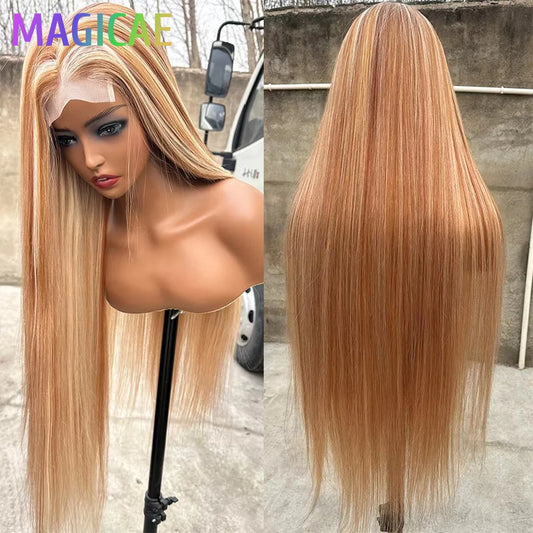 Straight 4X4 Lace Front Wigs 36Inches Blond 27/613 Highlight P4/27 Bio Heat Resistant Fiber Pre Plucked Transparent Swiss Lace