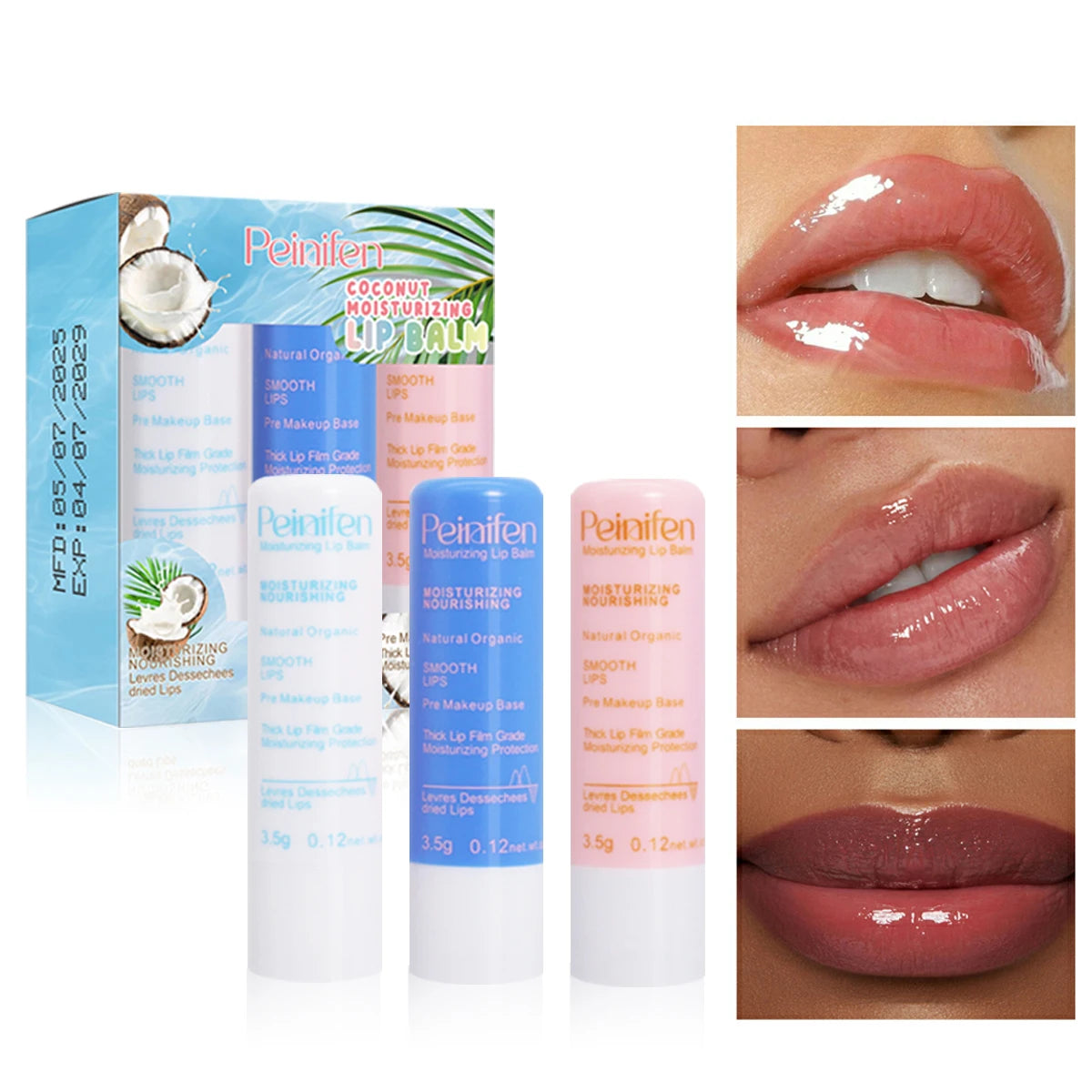 3-piece coconut moisturizing lipstick set, containing vitamin e and natural ingredients, light and non greasy
