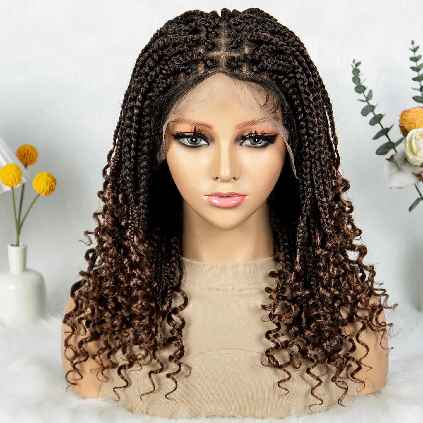 Knotless Box Braided Wigs with Curly Ends Synthetic Full Lace Boho Braided Lace Wigs Lace Frontal Braids Wig for Black Women