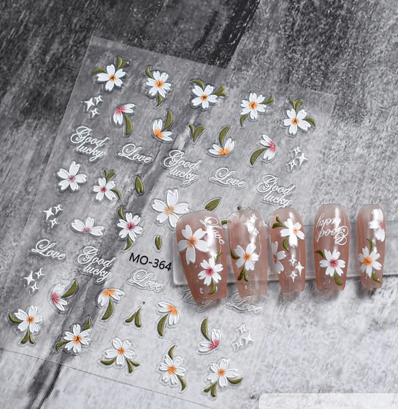 5d Embossed Nail Art Stickers Golden Lines Semi-Transparent Purple Blue Flowers Decals Decorations For Nail Tips Manicures