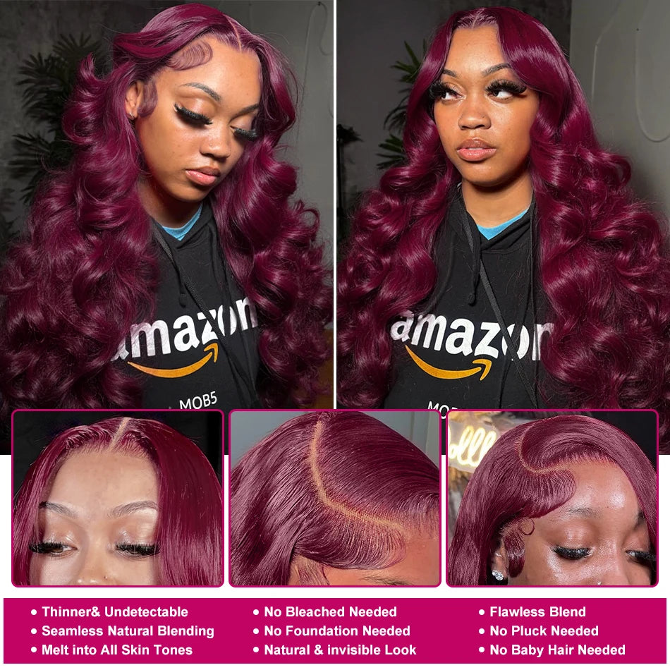 34Inchs Body Wave Burgundy Human Hair Wigs 99J Colored Transparent 13x6 Hd Lace Frontal Wig Brazilian Water Wavy Wigs For Women