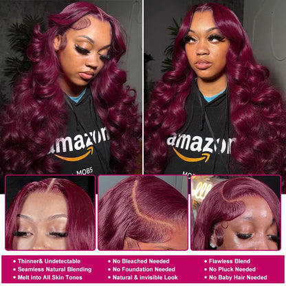 34Inchs Body Wave Burgundy Human Hair Wigs 99J Colored Transparent 13x6 Hd Lace Frontal Wig Brazilian Water Wavy Wigs For Women