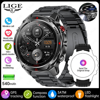 LIGE Outdoor Military Smart Watch Men 1.46" HD Screen Built-in GPS Compass Altimeter 3ATM Waterproof Clock BT Call SmartWatches