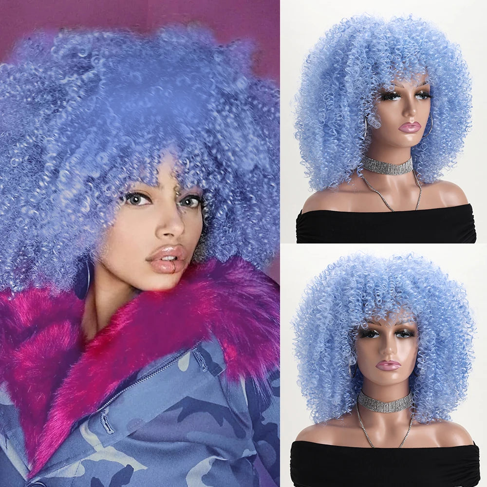 16 Inch Afro Kinky Curly Synthetic Hair Gradient Purple Wigs With Bangs Soft Fluffy Fiber  Wigs For Party Cosplay Daily Use