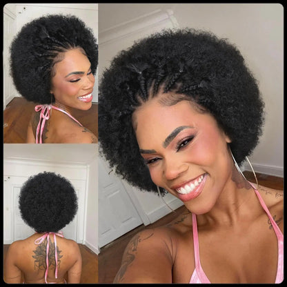 Afro Kinky Curly Braid Wigs Human Hair 13x4 HD Lace Front Glueless Pixie Cut Pre Made Braided Cornrow Afro Puff Wig For Women