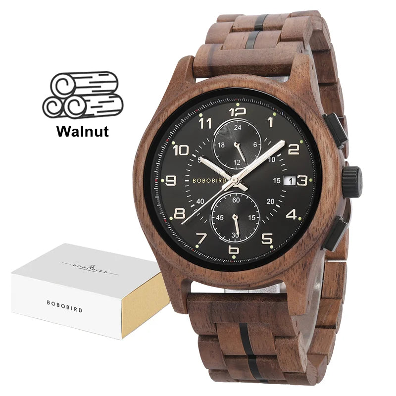 BOBO BIRD Men Watches 44mm Luxury Quartz Watch Lightweight Wooden Case and Straps Watches for Casual Support Customize Gift Box