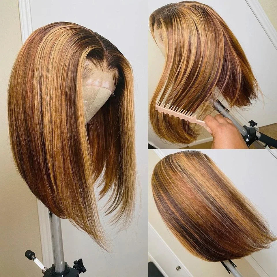 4/27 Ombre 13x4 Lace Front Human Hair Wig 100% Remy Hair Pre Plucked Transparent Lace Highlight Wigs Human Hair Straight Bob Wig