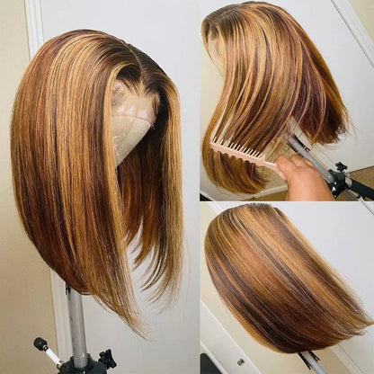 4/27 Ombre 13x4 Lace Front Human Hair Wig 100% Remy Hair Pre Plucked Transparent Lace Highlight Wigs Human Hair Straight Bob Wig