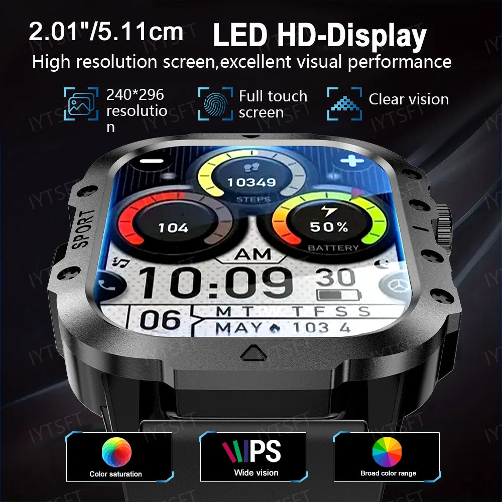LAXASFIT 2025 New Military Smart Watch Men Outdoor Sports Fitness Tracker Health Monitoring 2.01Inch Bluetooth Calls Smartwatch