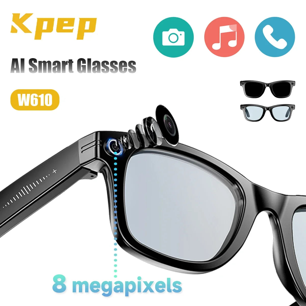 KPEP 8-Megapixel Smart Glasses with Camera Bluetooth Headphones Music Control Voice Assistant AI Translation for Men Women