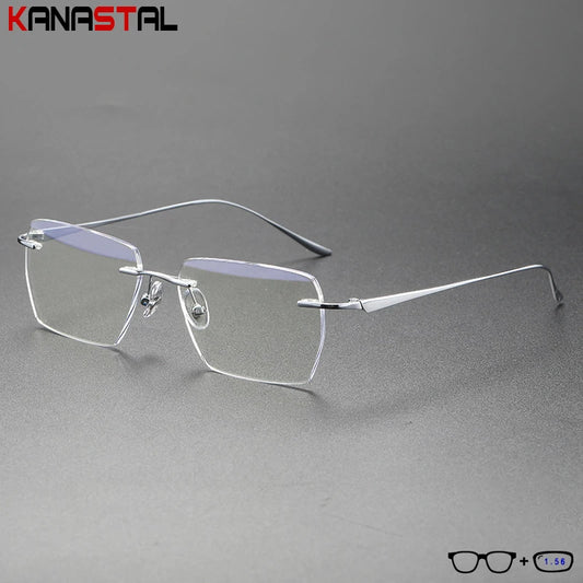 Men Rimless Prescription Glasses Reading Myopia Optical Lenses Eyewear Women Blue Light Blocking Titanium Metal Eyeglasses Frame
