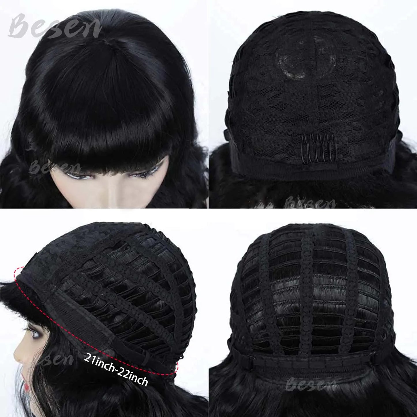 Synthetic 50s Vintage Shoulder Length Black Wigs with Bangs Bettie Page Wigs Natural Wavy Hair Wig for Women Cosplay Halloween