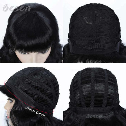 Synthetic 50s Vintage Shoulder Length Black Wigs with Bangs Bettie Page Wigs Natural Wavy Hair Wig for Women Cosplay Halloween