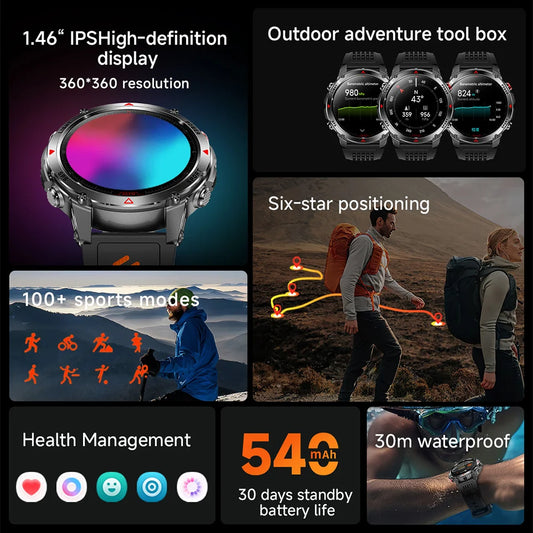 Military T-Rex 3 GPS Waterproof Smart Watch 1.46"HD AMOLED Built-in 6 Frequency Satellite Outdoors Sports Fitness Smart Bracelet