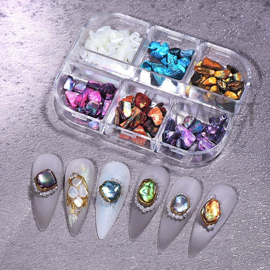 6 Grids Abalone Shell Flakes Nail Art Decoration 3D Charms Irregular Seashell Fragment Aurora Slices DIY Manicure  Accessories
