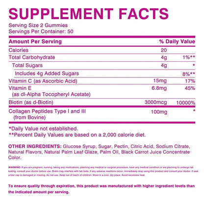 Hair Skin Nails Gummies - Increases Skin Elasticity, Skin Beauty, Promotes Hair Growth, Supports Healthy Hair, Skin, and Nails