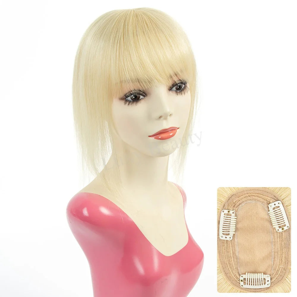 Natural Brown Human Hair Topper With Bangs Women 8X12cm Black Highlights Blonde Skin Scalp Clip in Topper Hair Pieces Human Hair