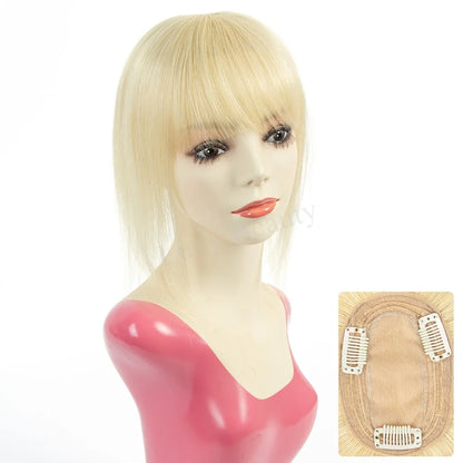 Natural Brown Human Hair Topper With Bangs Women 8X12cm Black Highlights Blonde Skin Scalp Clip in Topper Hair Pieces Human Hair