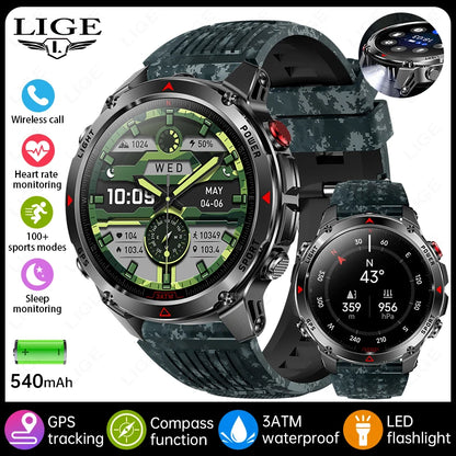 LIGE Outdoor Military Smart Watch Men 1.46" HD Screen Built-in GPS Compass Altimeter 3ATM Waterproof Clock BT Call SmartWatches