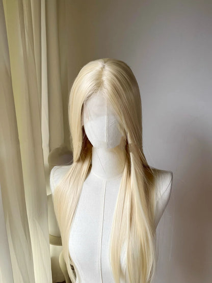 Light Gold 13 * 4 Hand Hook Front Lace Wig Headset, High Temperature Spinning, Long Straight Hair Simulation Hair Wig