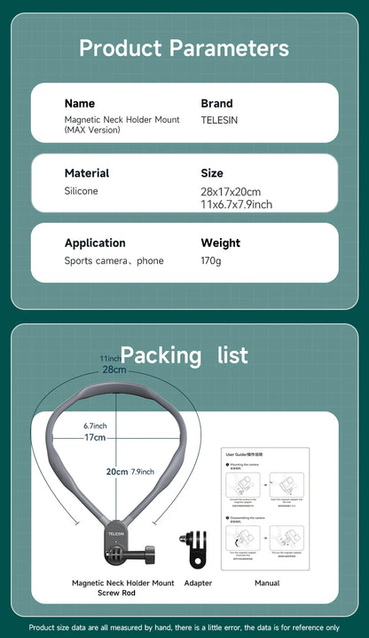 TELESIN Neck Hold Mount for GoPro Hero 13 12 11 10 9 8 7 6 5 Insta360 DJI Osmo Action Smartphone Magnetic GoPro Accessories