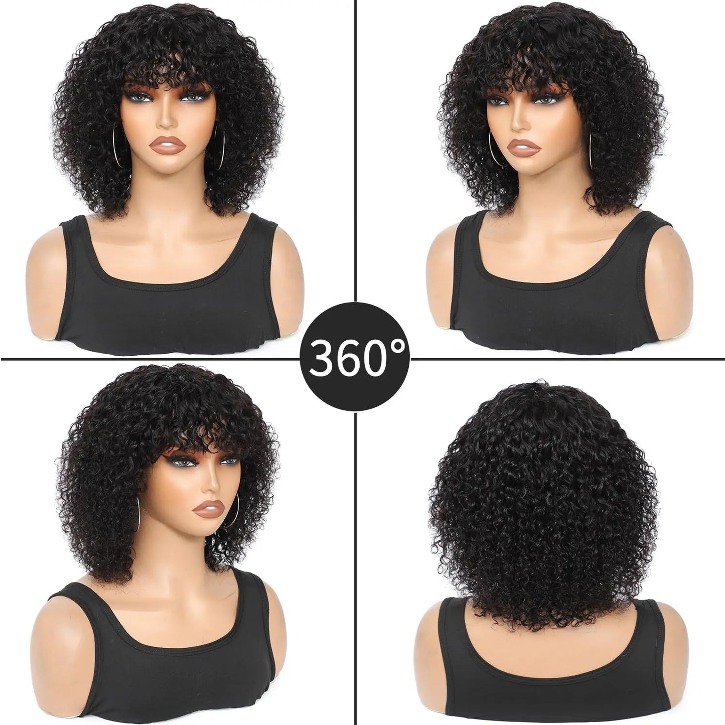 Short Curly Bob Wig Human Hair Water Wave Glueless Human Hair Wigs with Bangs for Black Women Wear and Go Machine Made Wig Black