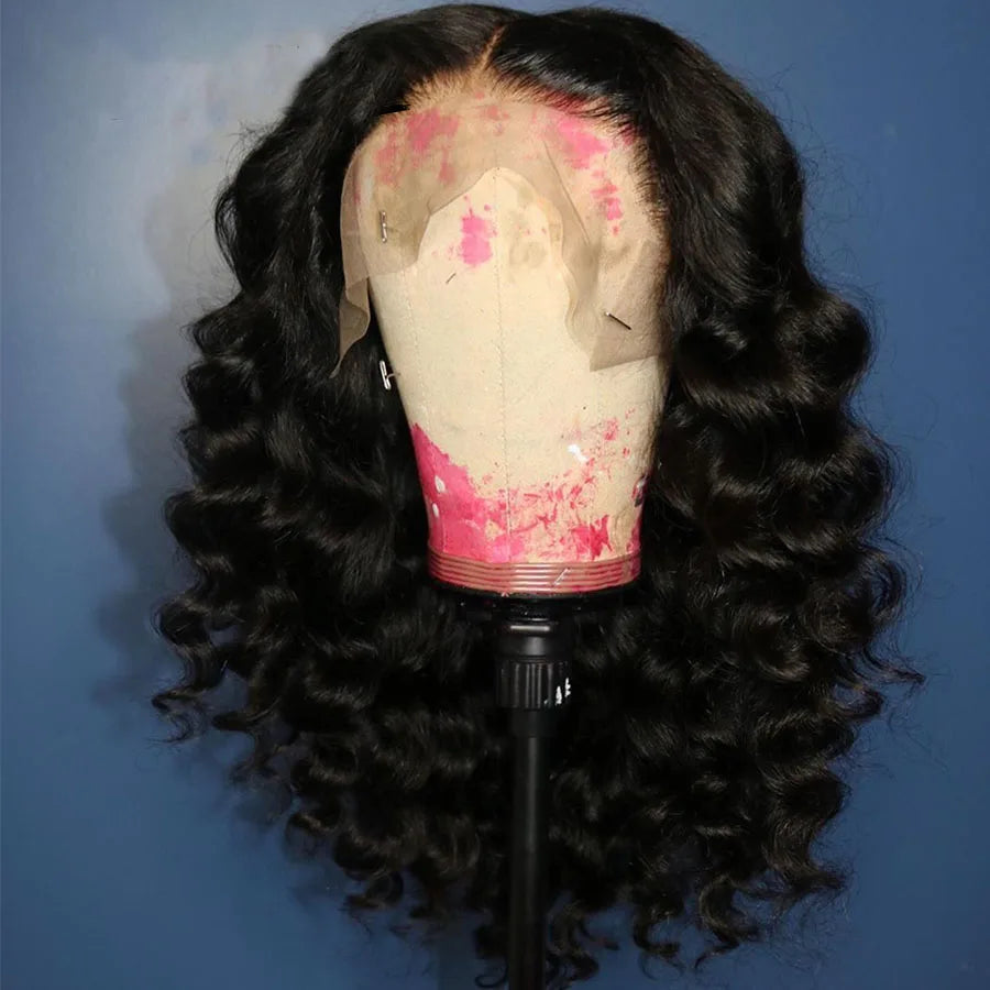 Soft Black Preplucked Soft 26“Long Deep Wave 180Density Lace Front Wig Synthetic For Women Heat Resistant Glueless Daily
