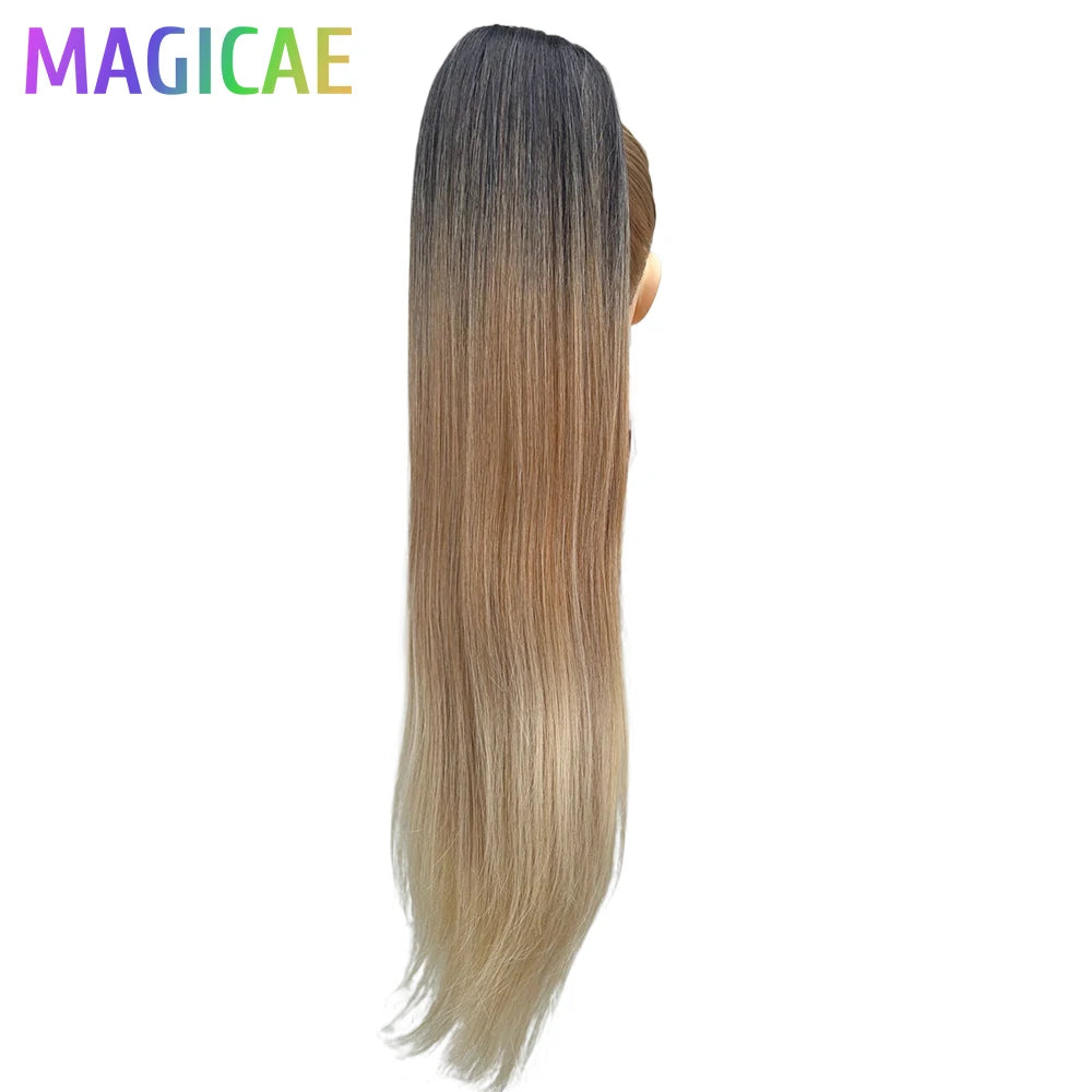 Straight Black Ponytail Blond 27/613 Hair Extensions With Clip Brown 28Inches Ombre Piano Color Heat Resistant Synthetic Hair