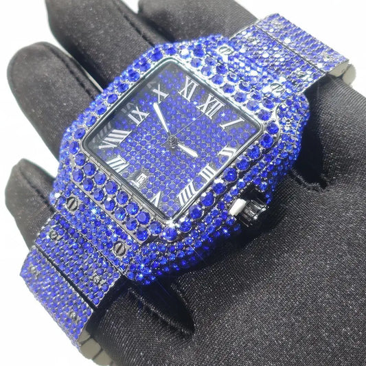 New Blue Diamond Watch For Men Luxury Stainless Steel  Hip Hop Watches Unique Bling Ice Out Waterproof Wristwatch Man 2025 Hot ﻿