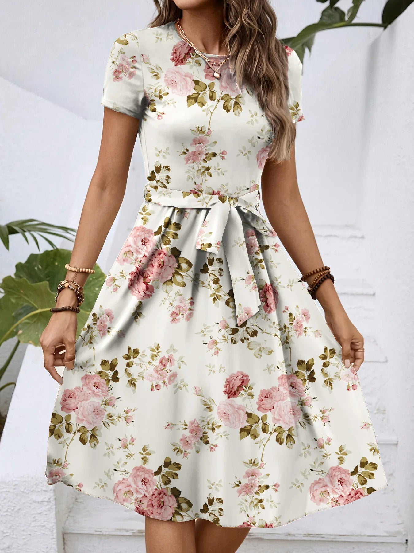 Dresses Women Flower Print Dress Round Collar Short Sleeve Lace Up Tight Waist Vestidos Casual Knee Length A Line 2025 Summer
