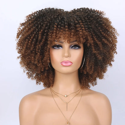 Tereshar Synthetic Short Curly Wigs for Black Women Afro Wig With Bangs Short Afro Kinky Curly Wig for Daily Party Wear