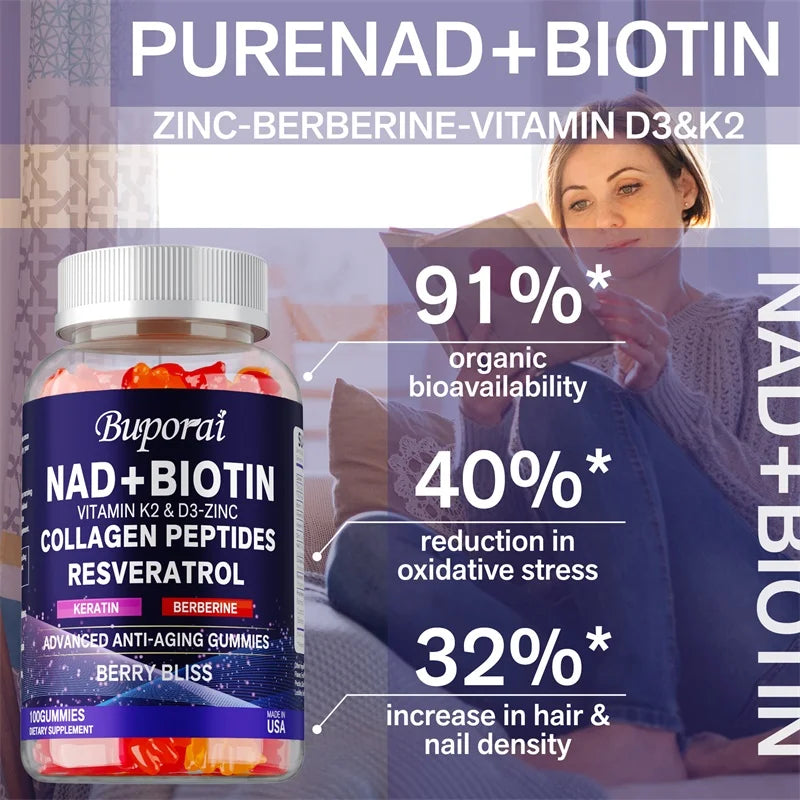 NAD+, Resveratrol, Berberine, & Biotin Anti-Aging Gummies - Detoxifies, Boosts Energy, Promotes Cell and Skin Health