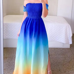 Elegant Off Shoulder Dress  Summer Fashion Dresses High Waist Flower Print Short Sleeve Vestidos Robe Clothing