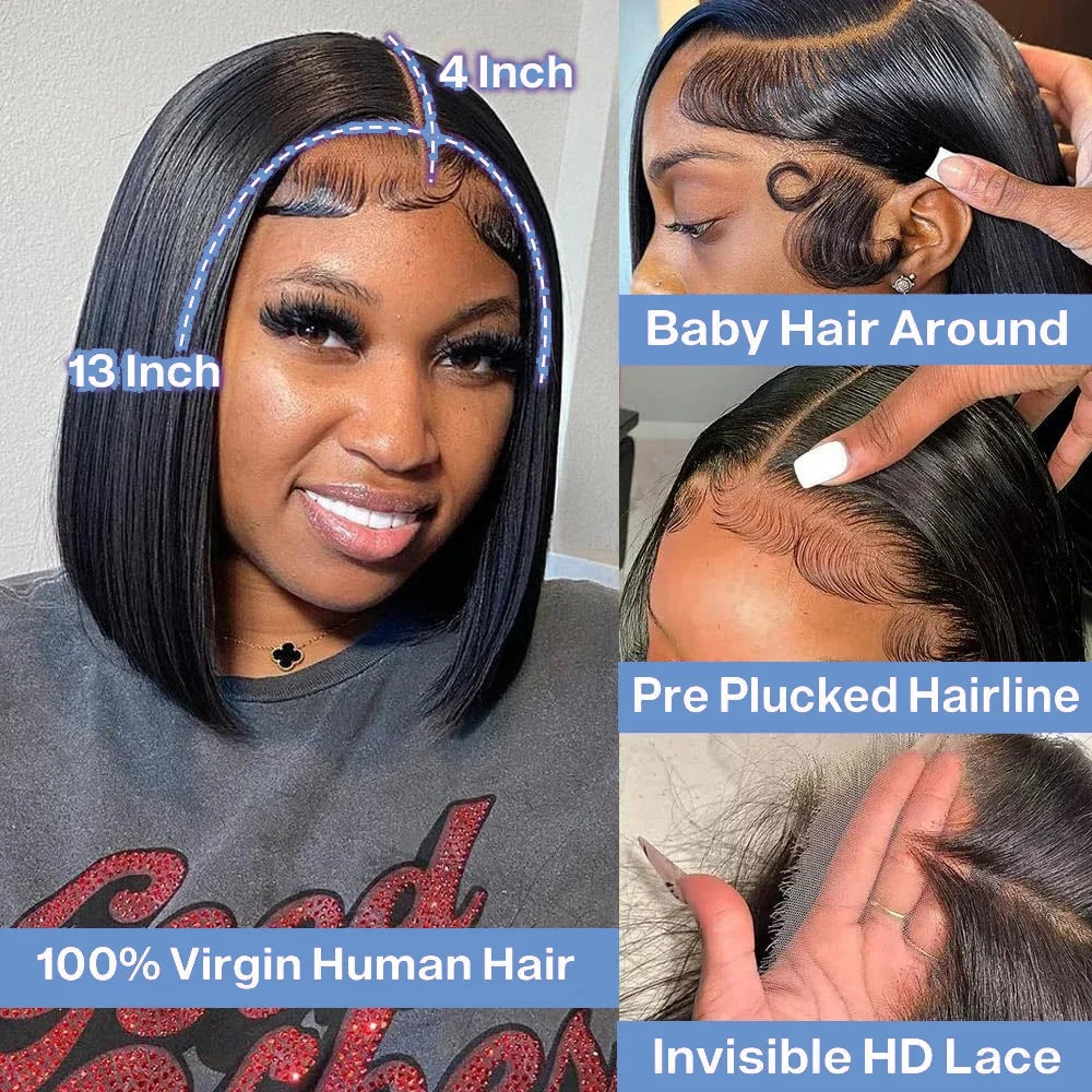 14 16 Inch 13x4 HD Transparent Bone Straight Lace Frontal Human Hair Short Bob Wig Pre Plucked 4x4 5x5 Lace Closure Wigs 250%